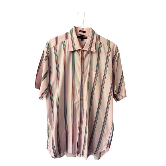 Tommy Hilfiger Men’s XL Short-Sleeve Dress Shirt – Pink Multicolor Stripe Cotton - Picture 1 of 6